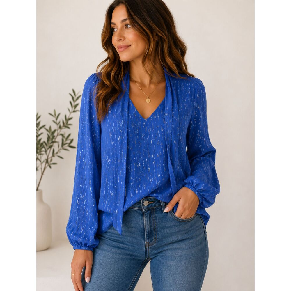 Worthington Women's Blue Blouse - White Speckle Detail – Size XXL